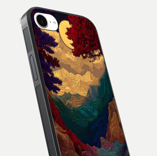 Mystic Valley Light Glass Case for iPhone 16e close-up angled shot highlighting gradient sky and reflection