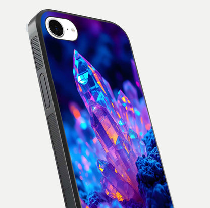 Neon Aura Shards Glass Case for iPhone 16e close-up angled shot highlighting fragment pattern and reflection