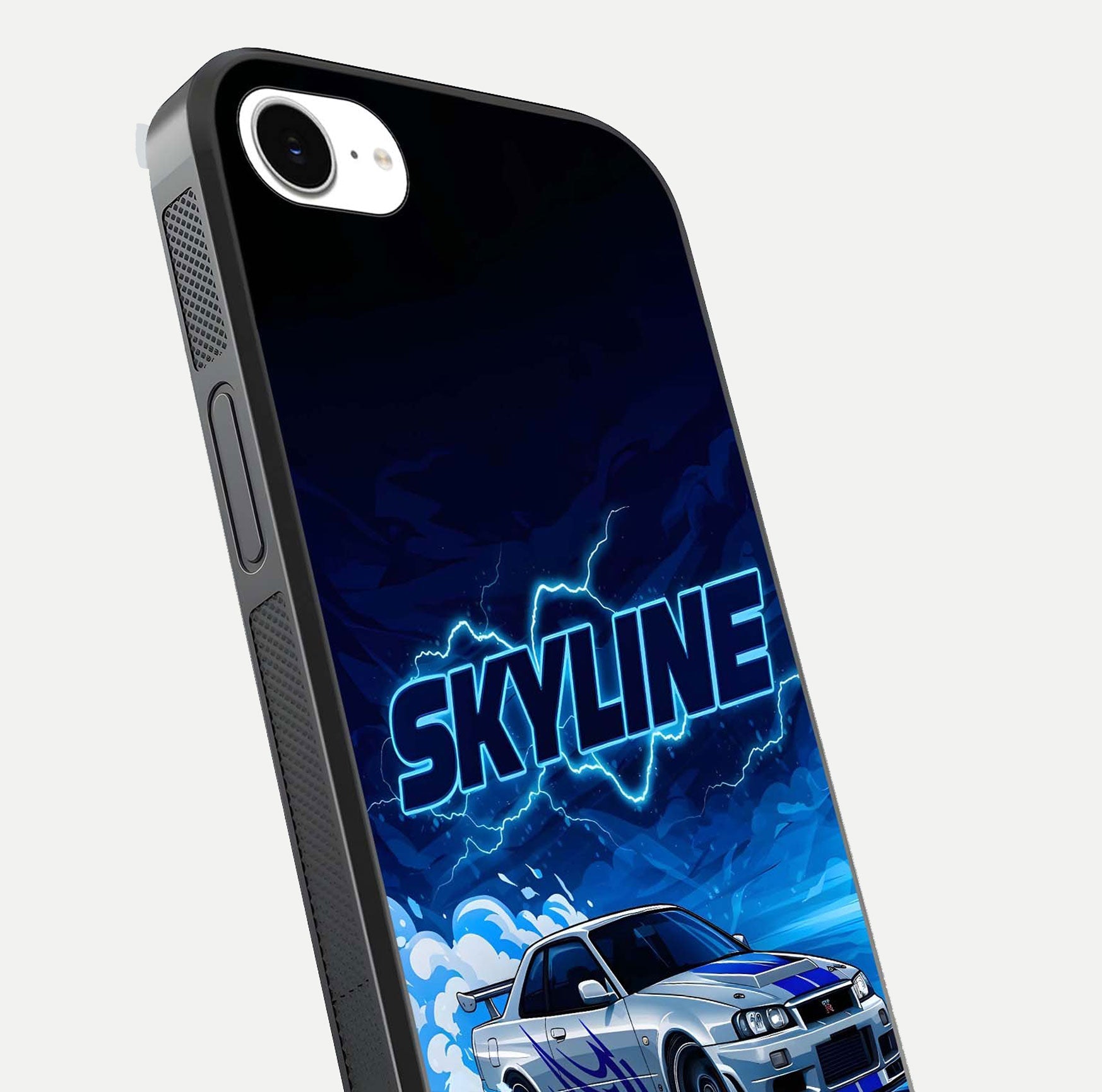 Neon Drift Beast Glass Case for iPhone 16e close-up angled shot highlighting glowing streaks and vivid reflection