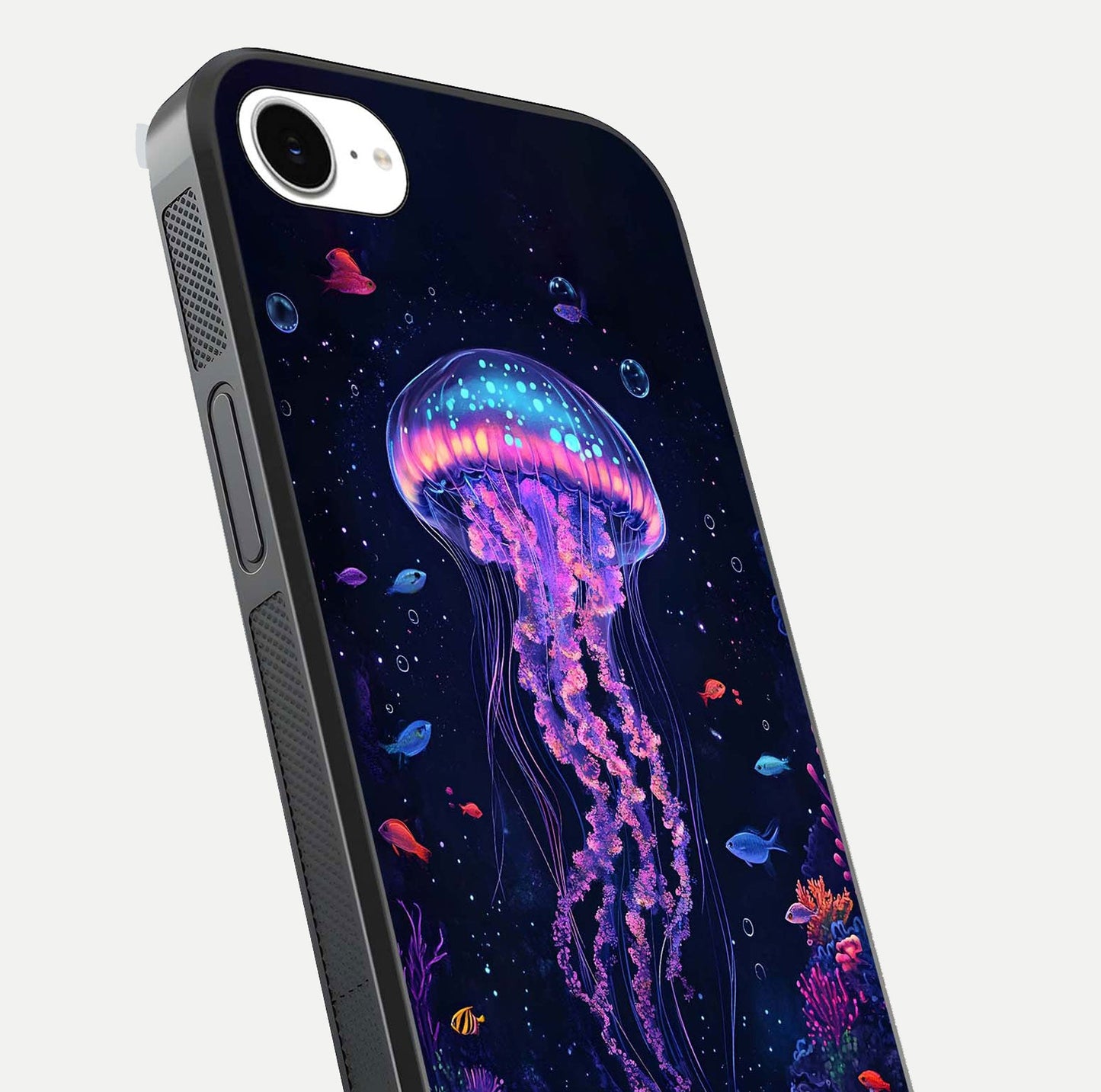 Neon Jellyfish Glass Case for iPhone 16e close-up angled shot showing translucent jellyfish and shine reflection