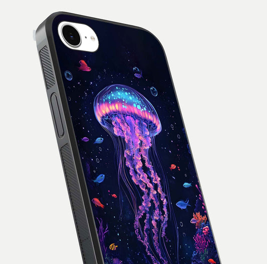 Neon Jellyfish Glass Case for iPhone 16e close-up angled shot showing translucent jellyfish and shine reflection