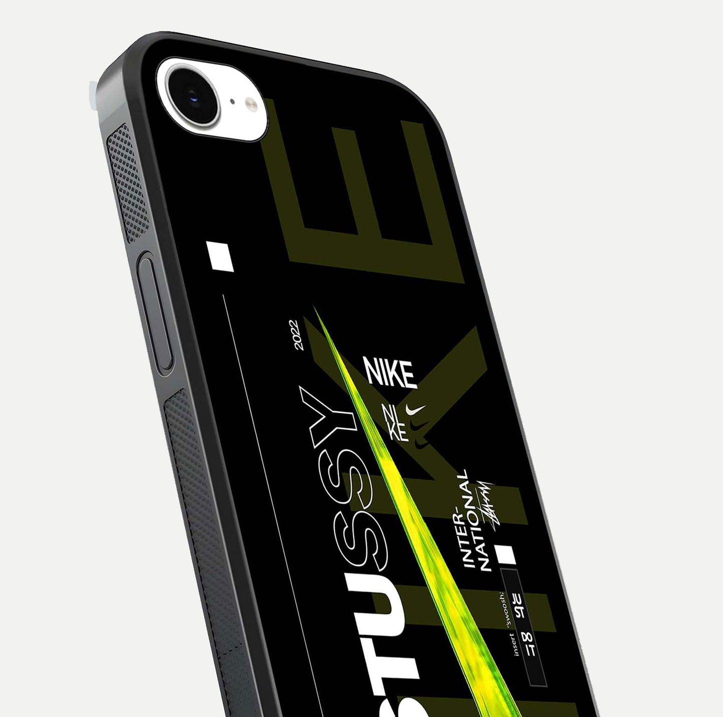 Neon Street Edition Glass Case for iPhone 16e close-up angled shot showing urban neon lights and shine