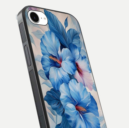 Ocean Hibiscus Grace Glass Case for iPhone 16e close-up angled shot highlighting floral glow and HD shine