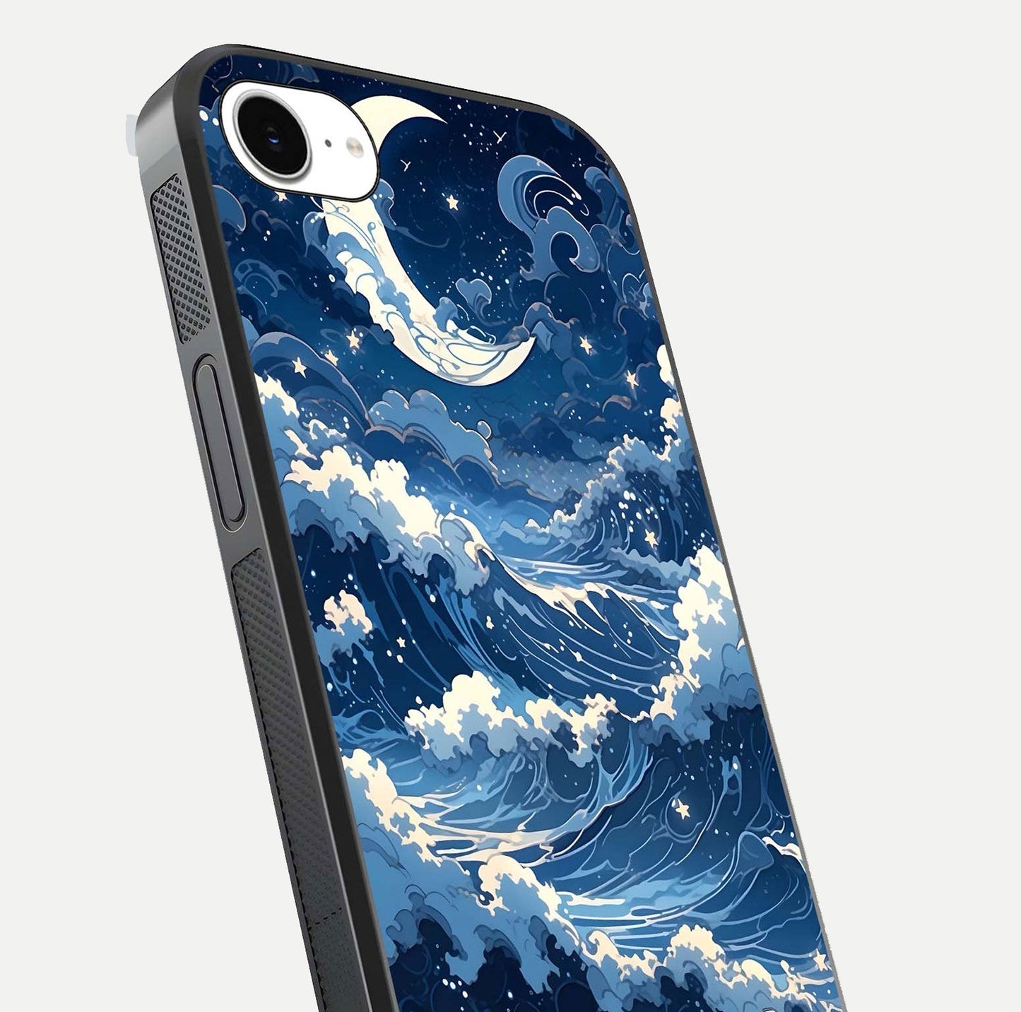 Ocean Moon Waves Glass Case for iPhone 16e close-up angled shot showing HD reflection and calm tones