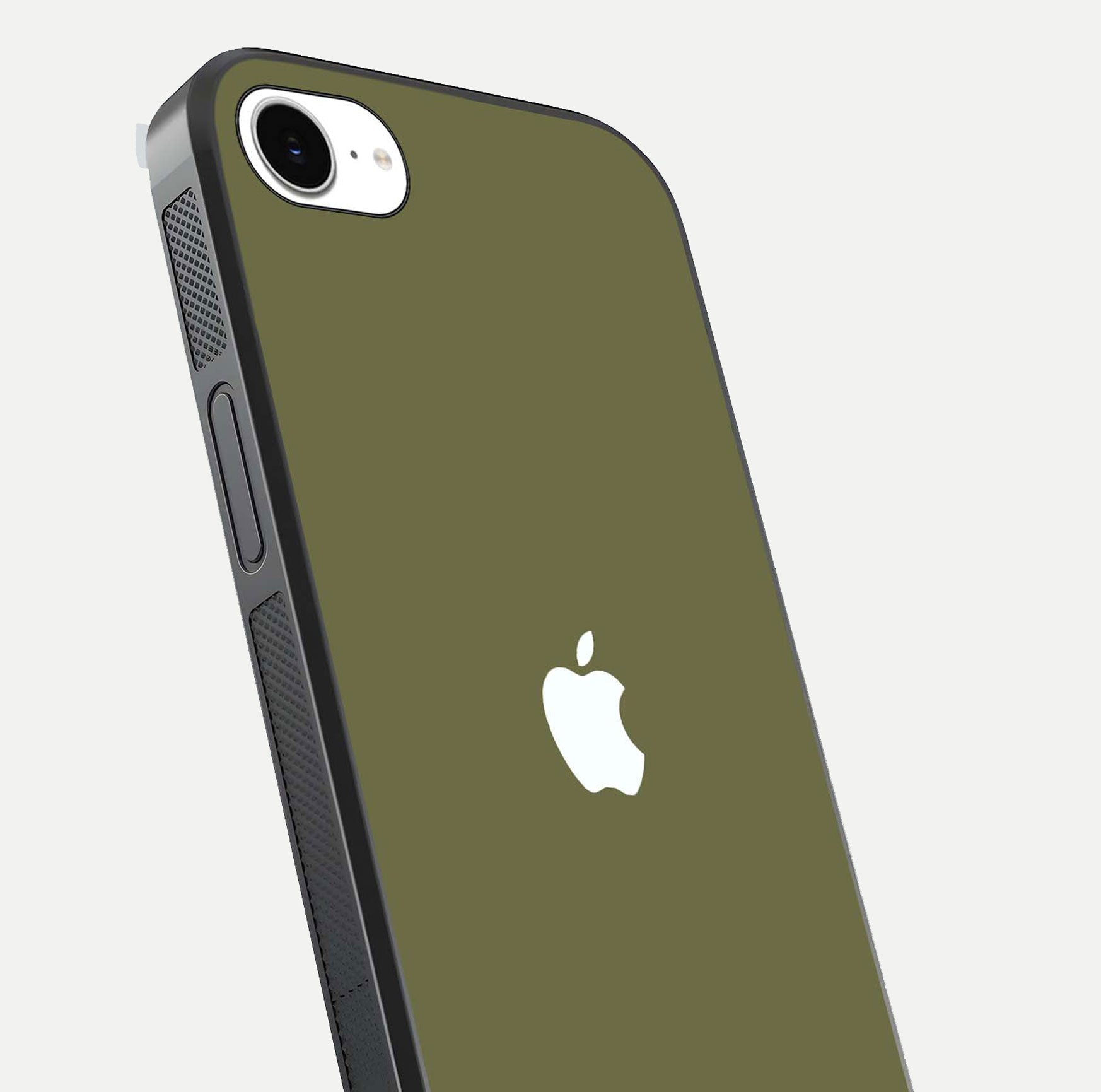 Olive Matte Essence Glass Case for iPhone 16e close-up angled shot showing soft reflection and minimal finish