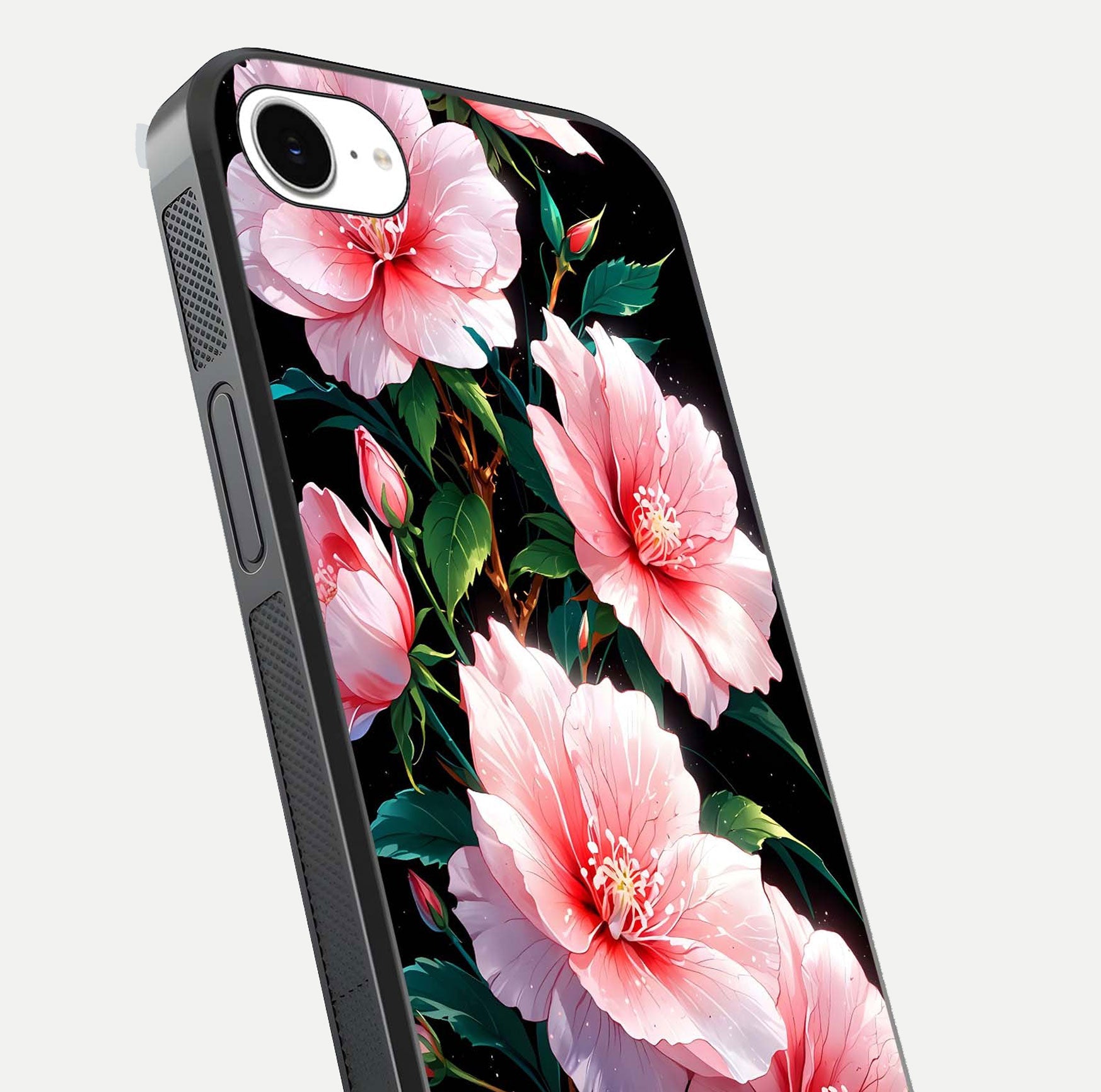 Peach Flower Glass Case for iPhone 16e close-up angled shot highlighting floral petals and HD glass reflection
