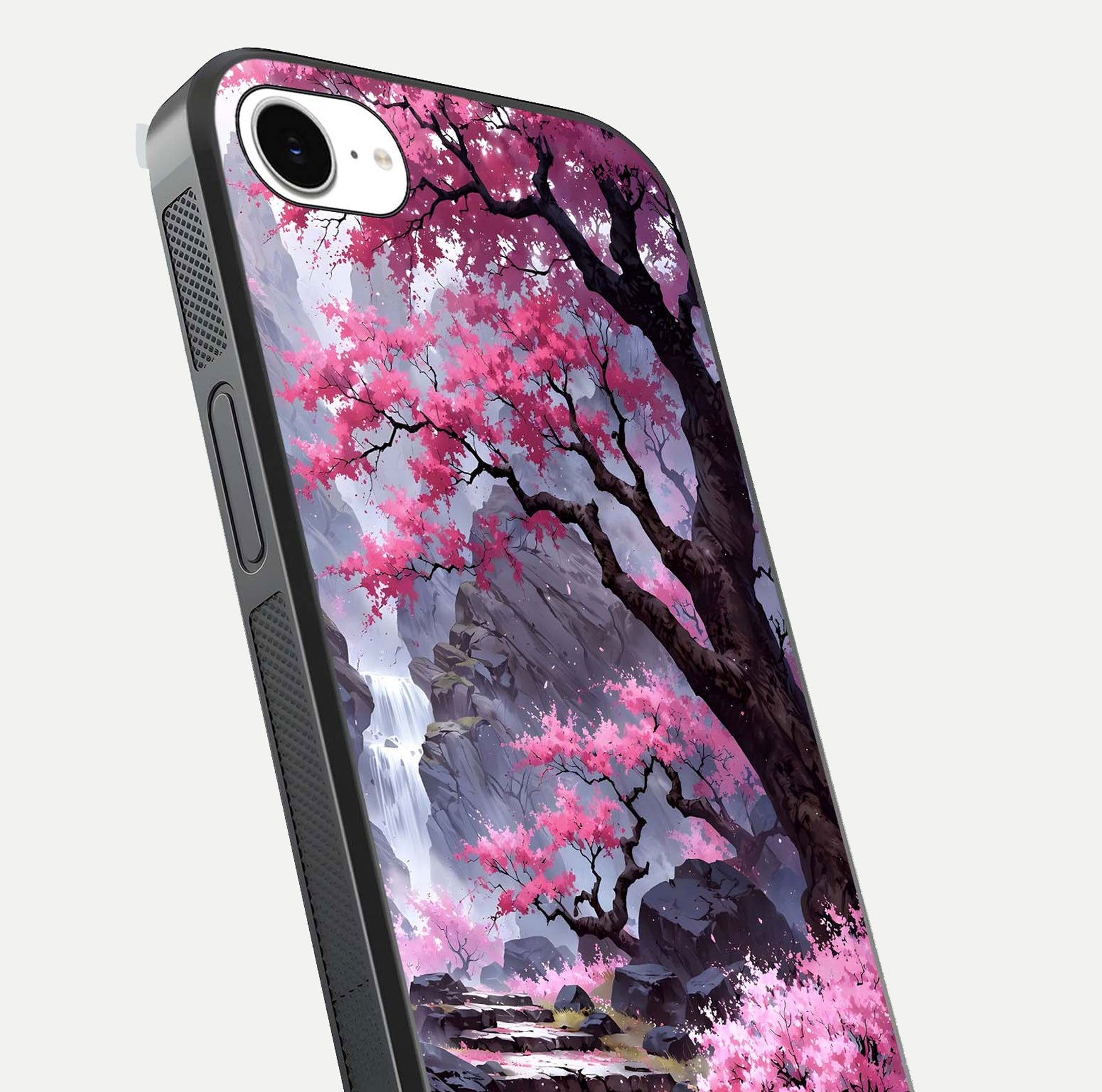 Pinkish Scenery Glass Case for iPhone 16e close-up angled shot showing reflection and gradient color blend