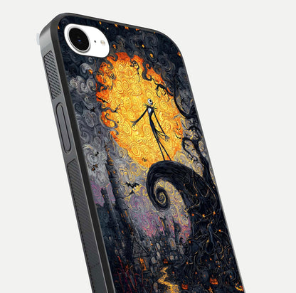 Pumpkin Moon Night Glass Case for iPhone 16e close-up angled shot showing moon reflection and Halloween glow