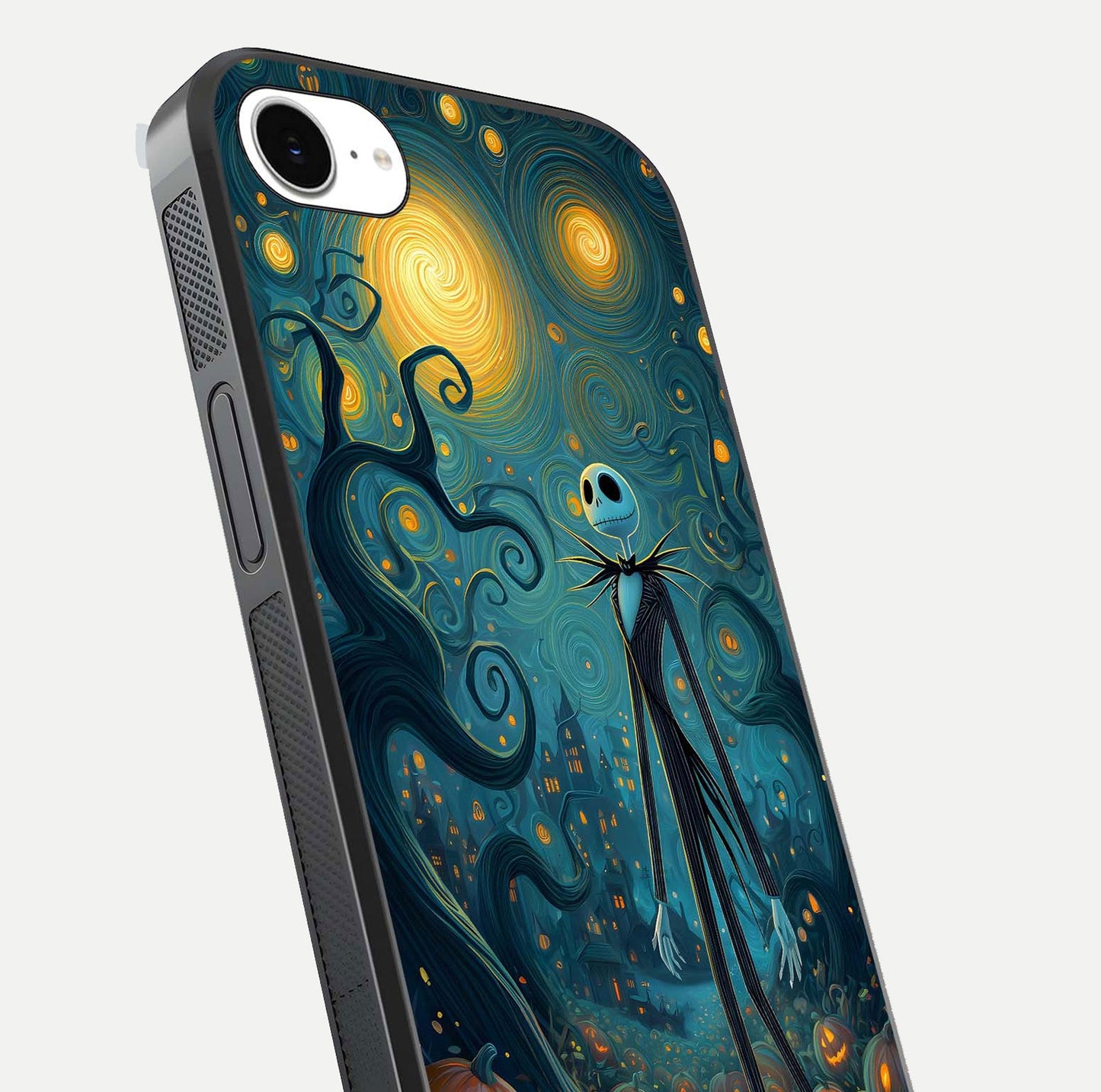Pumpkin Moonlight Tale Glass Case for iPhone 16e close-up angled shot highlighting reflection and vibrant glow