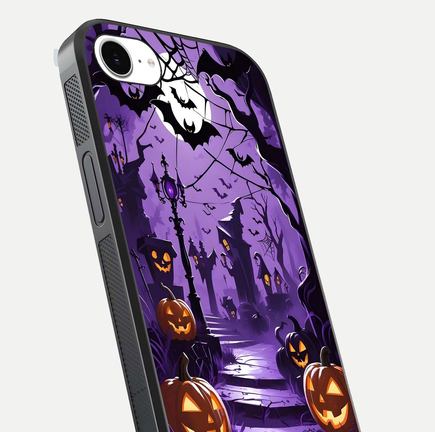 Pumpkin Patch Halloween Glass Case for iPhone 16e close-up angled shot highlighting pumpkin texture and shine