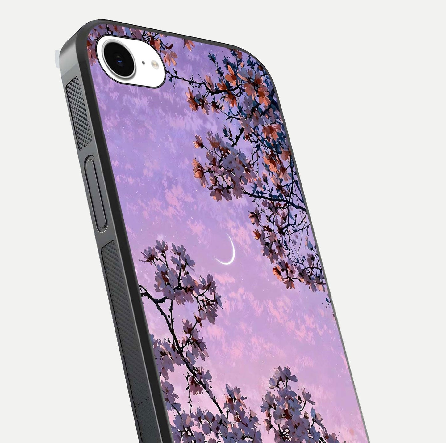 Purple Serenity Moon Glass Case for iPhone 16e close-up angled shot showing reflection and gradient purple hues