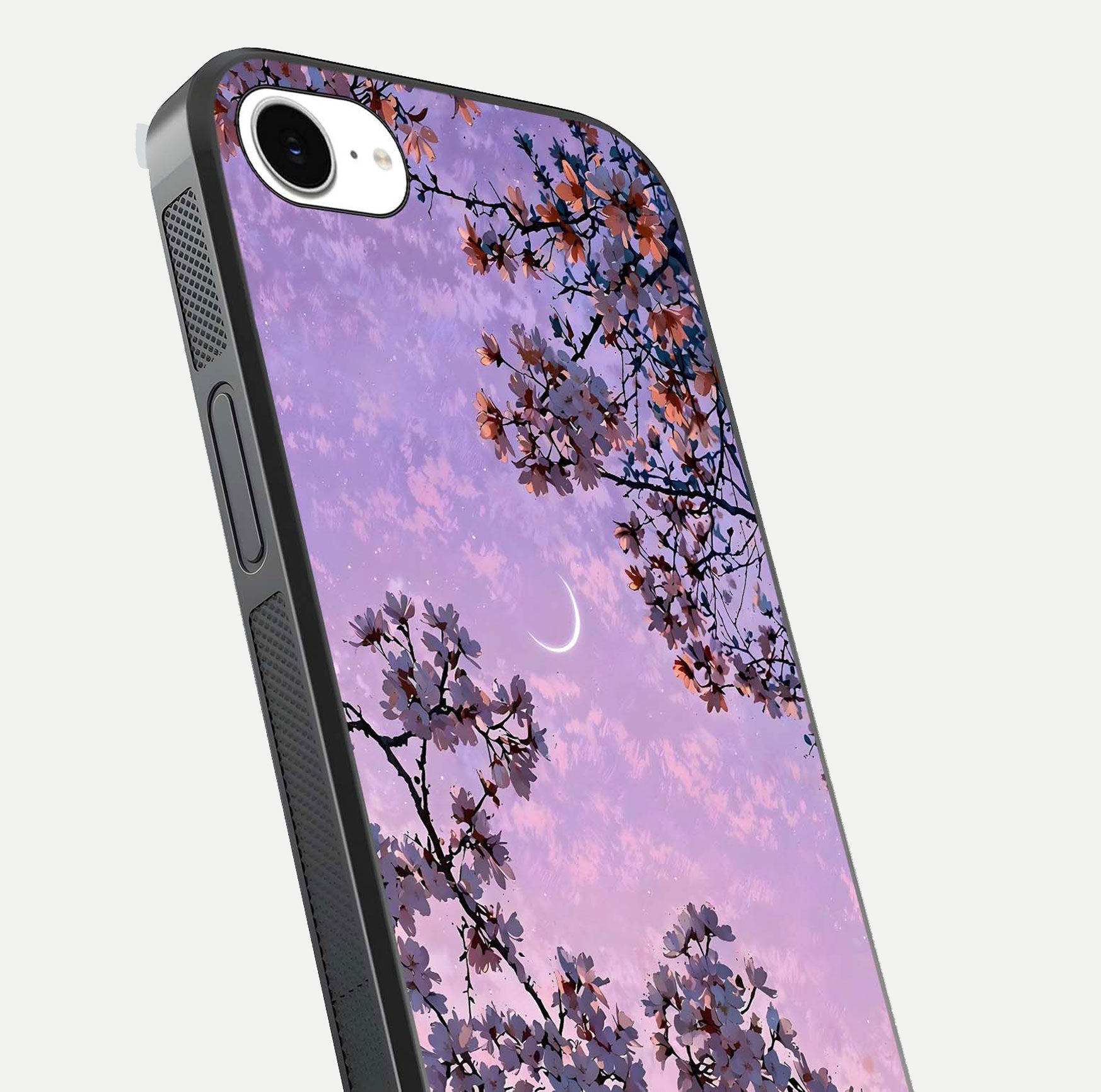 Purple Serenity Moon Glass Case for iPhone 16e close-up angled shot showing reflection and gradient purple hues