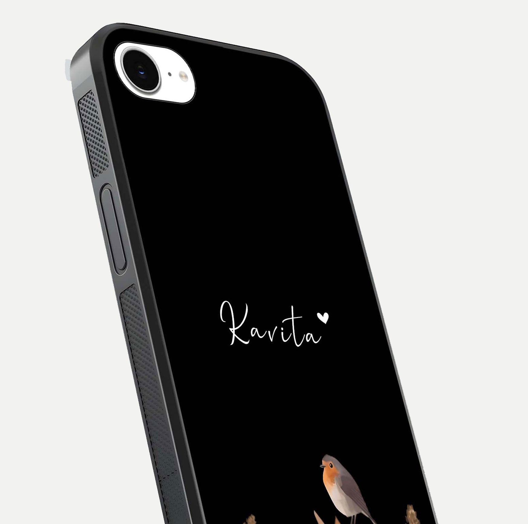 Quiet Garden Tune Custom Name Glass Case for iPhone 16e close-up angled shot showing soft tones and gloss reflection