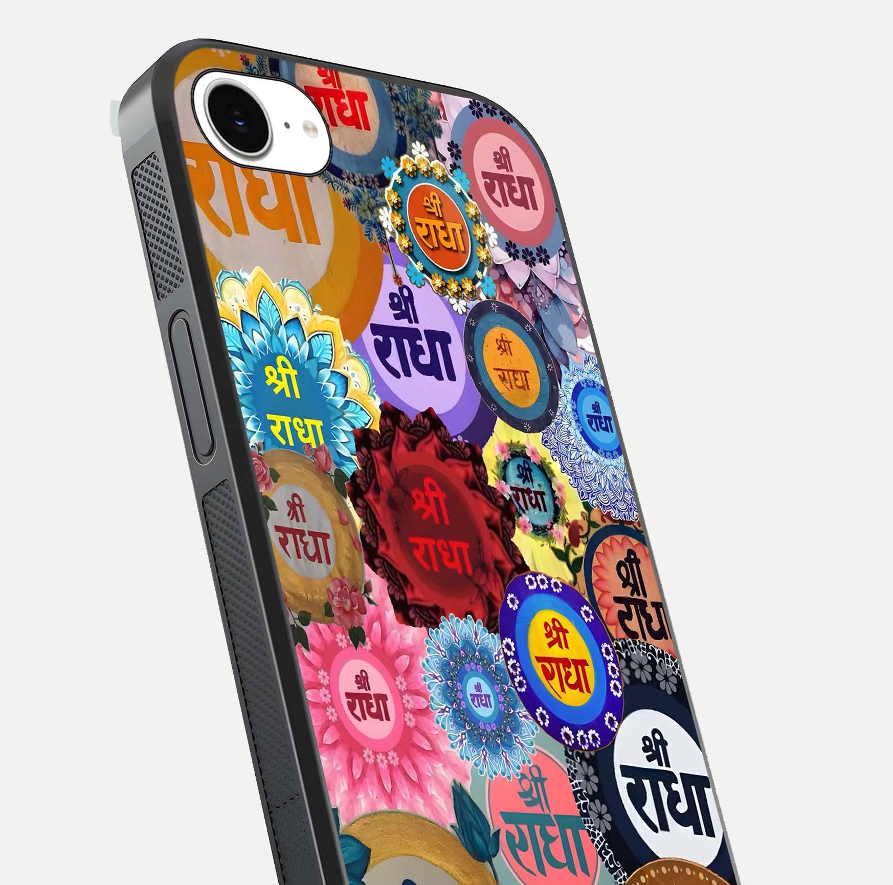 Radha Divine Bloom Glass Case for iPhone 16e close-up angled shot highlighting divine detailing and shine