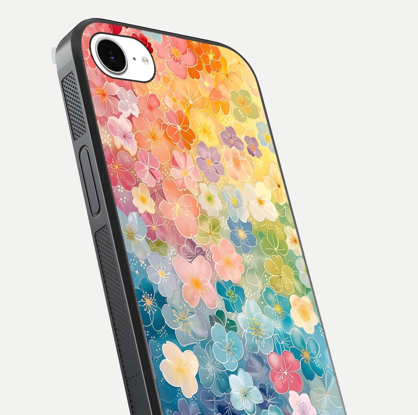 Rainbow Blossom Burst Glass Case for iPhone 16e close-up angled shot showing petal colors and reflection
