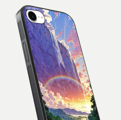 Rainbow Valley Dream Glass Case for iPhone 16e close-up angled shot highlighting gradient tones and HD shine