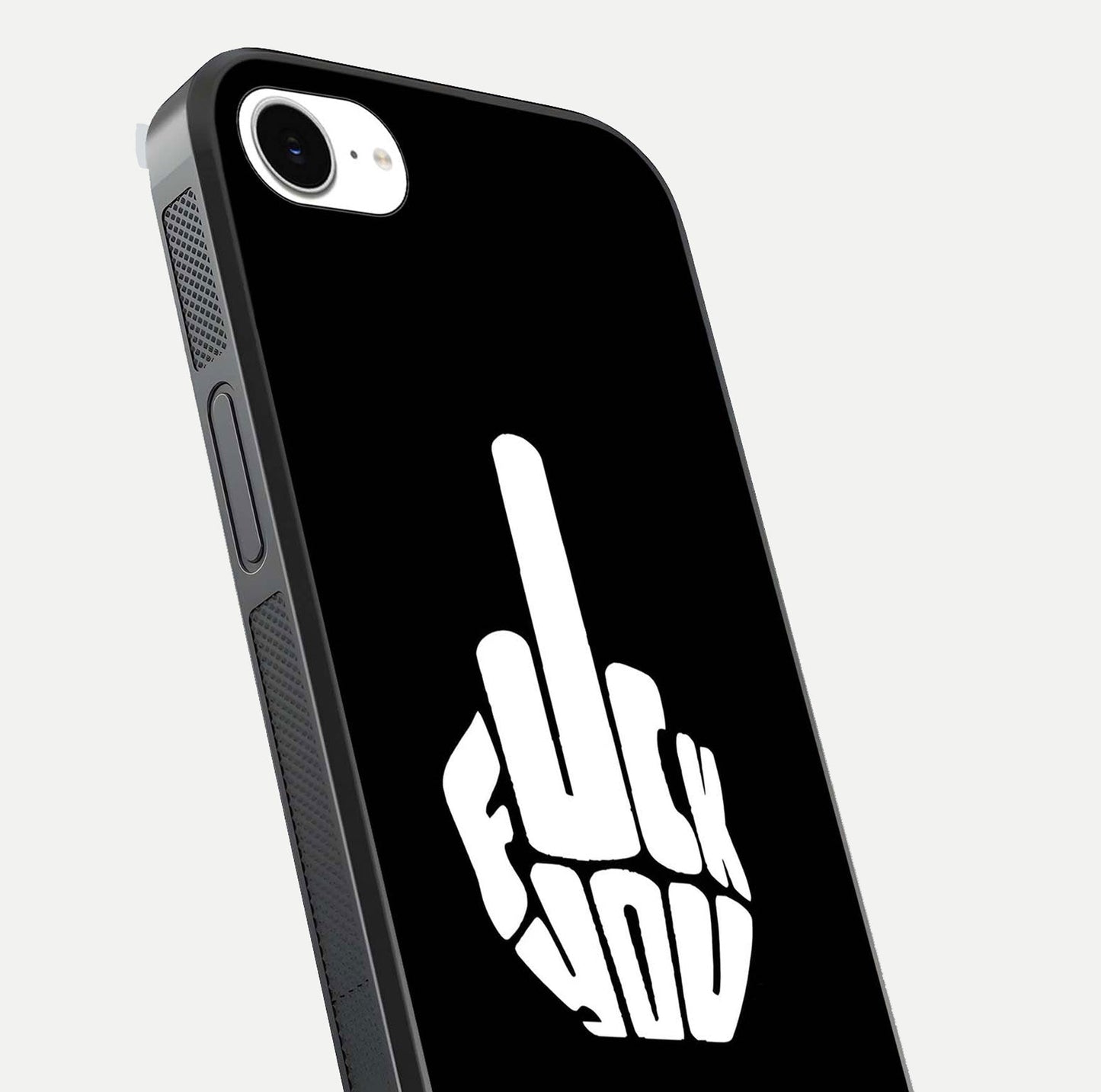 Rebel Mode On Glass Case for iPhone 16e close-up angled shot highlighting reflective text and sharp design