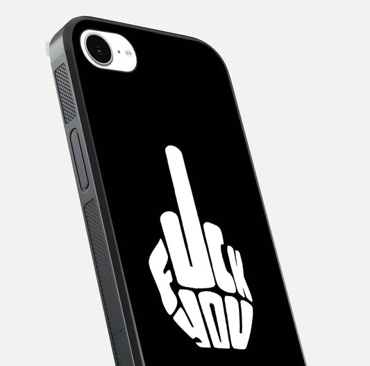 Rebel Mode On Glass Case for iPhone 16e close-up angled shot highlighting reflective text and sharp design