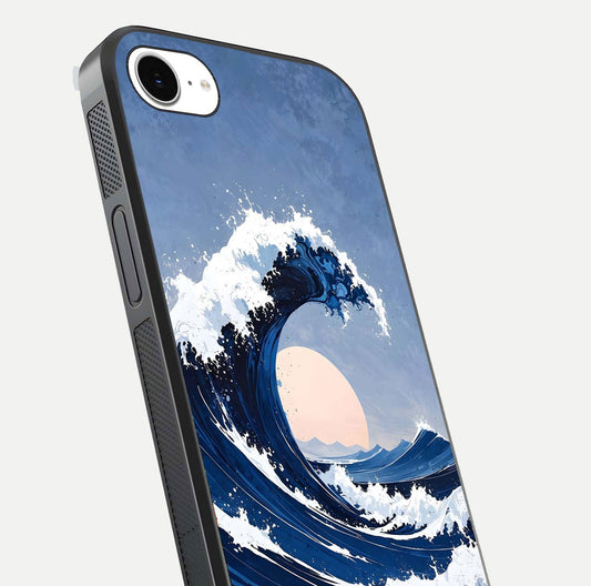 Rising Tide Power Glass Case for iPhone 16e close-up angled shot highlighting water motion and reflection