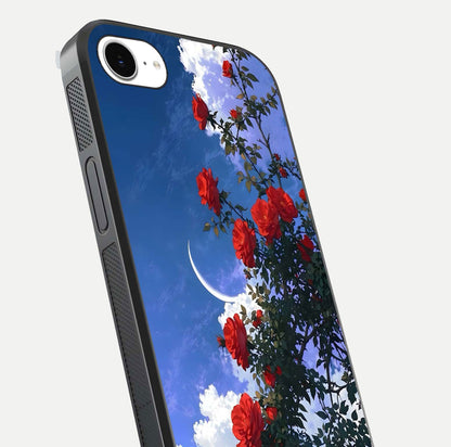 Rose Drift Flowers Glass Case for iPhone 16e close-up angled shot highlighting floral texture and reflection