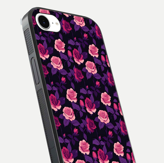 Rose Garden Twilight Glass Case for iPhone 16e close-up angled shot highlighting rose contrast and reflection