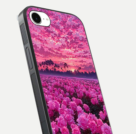 Rose Sunset Valley Glass Case for iPhone 16e close-up angled shot showing rose detailing and golden hues