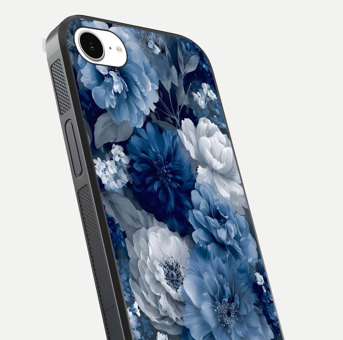 Royal Bloom Garden Glass Case for iPhone 16e close-up angled shot highlighting royal bloom texture and reflection