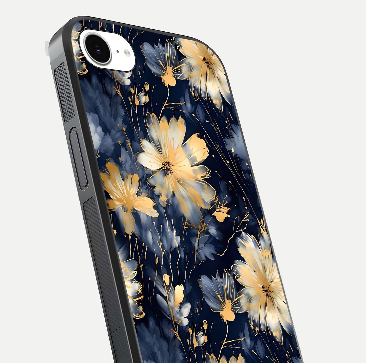 Royal Petal Dream Glass Case for iPhone 16e close-up angled shot highlighting petal texture and reflection depth