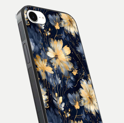 Royal Petal Dream Glass Case for iPhone 16e close-up angled shot highlighting petal texture and reflection depth