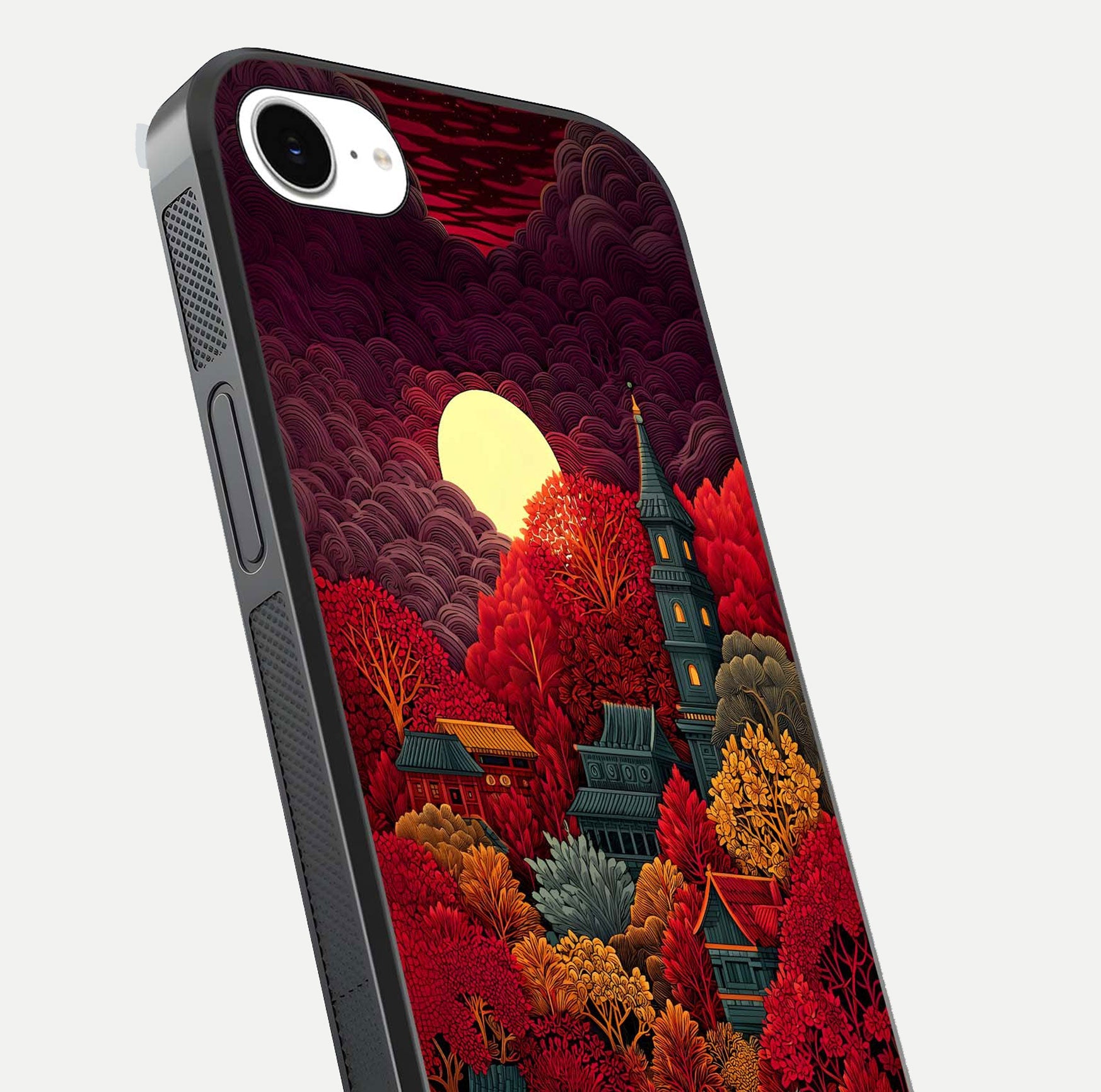 Scarlet Autumn Temple Glass Case for iPhone 16e close-up angled shot highlighting golden leaves and reflection