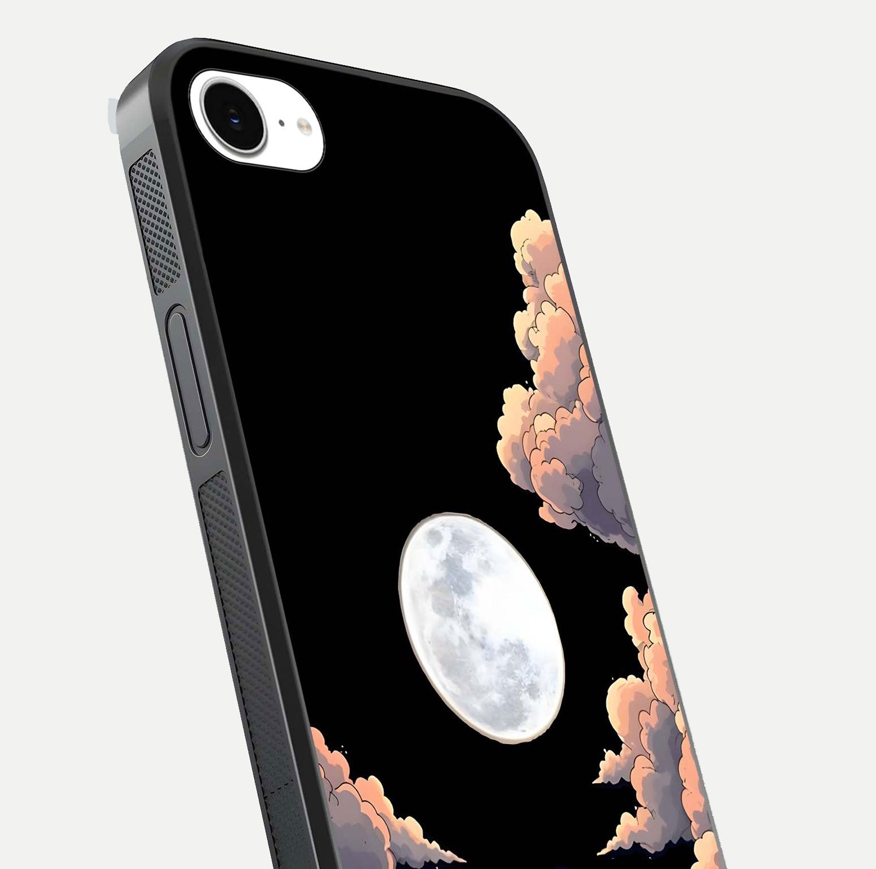 Shade Cloud Moon Glass Case for iPhone 16e close-up angled shot highlighting moon reflection and depth