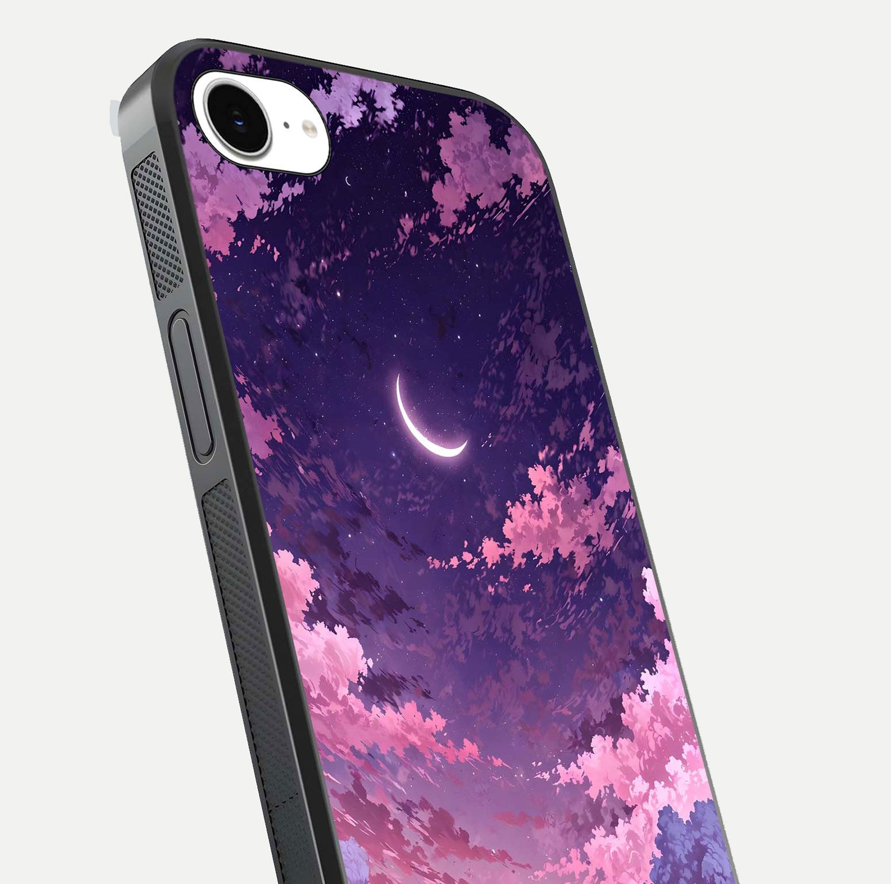Sky Drift Clouds Glass Case for iPhone 16e close-up angled shot highlighting cloud texture and reflection