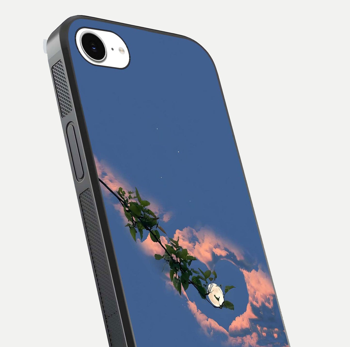 Sky Under Tree Glass Case for iPhone 16e close-up angled shot highlighting detail, color, and reflection