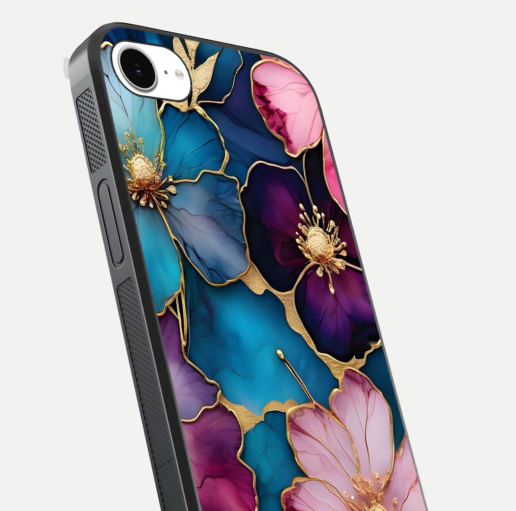 Sparkle Floral Glass Case for iPhone 16e close-up angled shot highlighting shimmer details and reflection