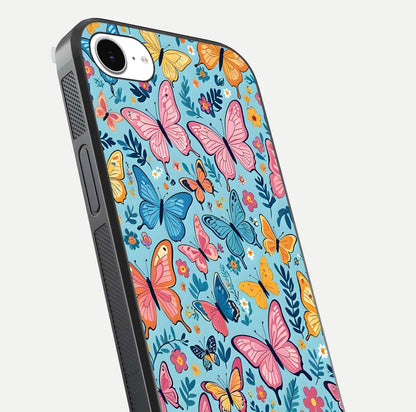 Spring Wing Garden Glass Case for iPhone 16e close-up angled shot highlighting petal details and reflection