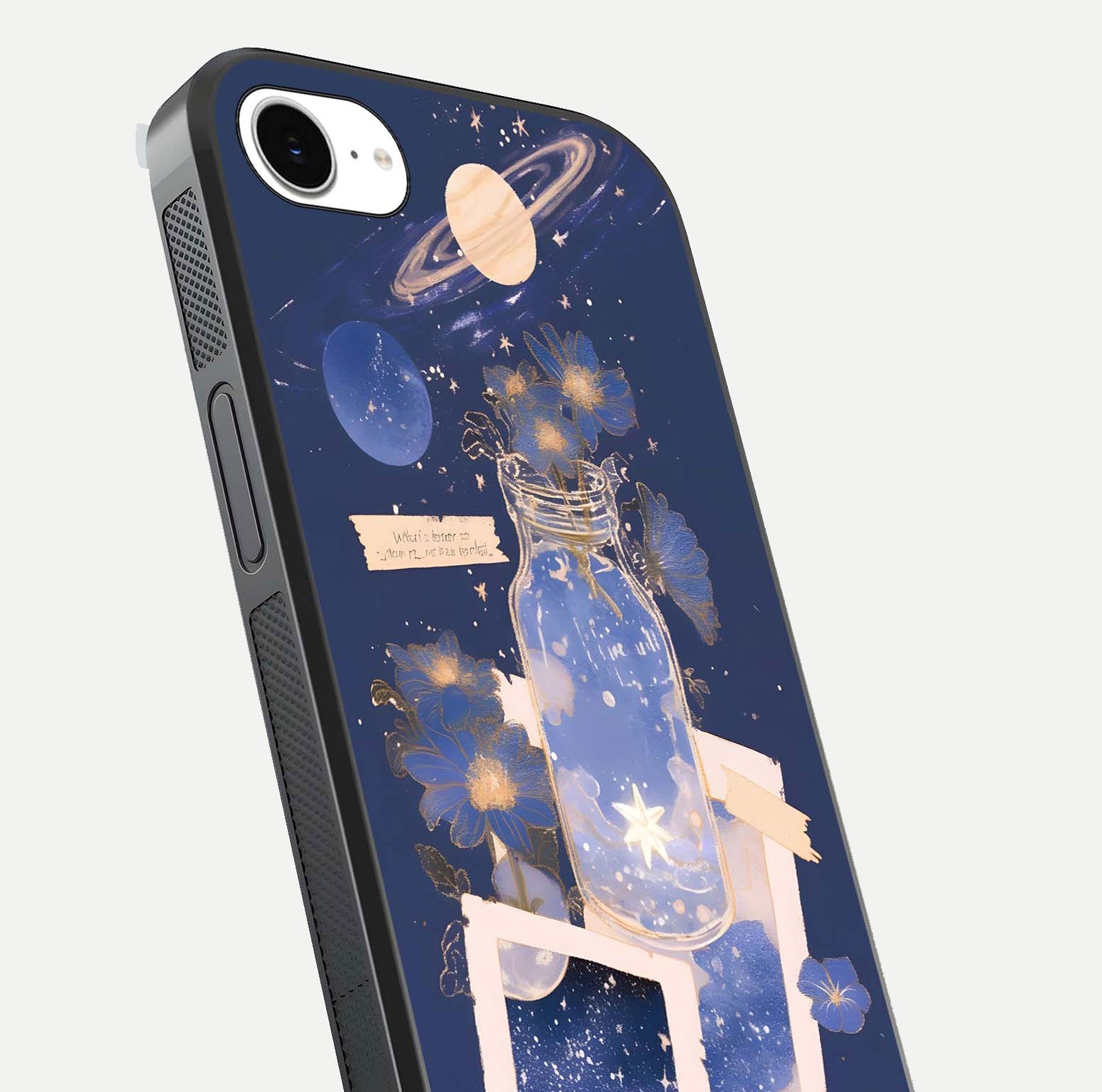 Starlit Cosmic Jar Glass Case for iPhone 16e close-up angled shot highlighting stars, reflections, and HD shine
