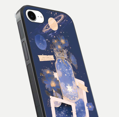 Starlit Cosmic Jar Glass Case for iPhone 16e close-up angled shot highlighting stars, reflections, and HD shine
