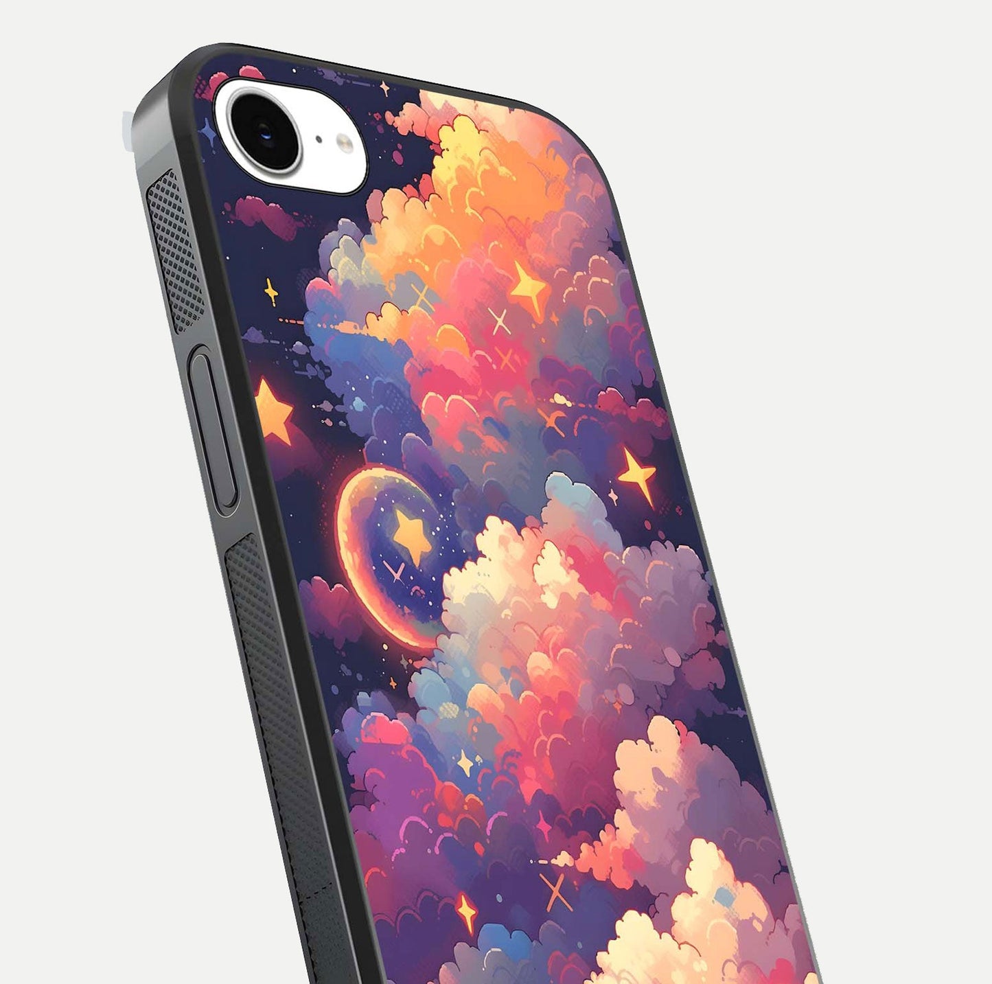 Starlit Dream Clouds Glass Case for iPhone 16e close-up angled shot highlighting cloud texture and reflection