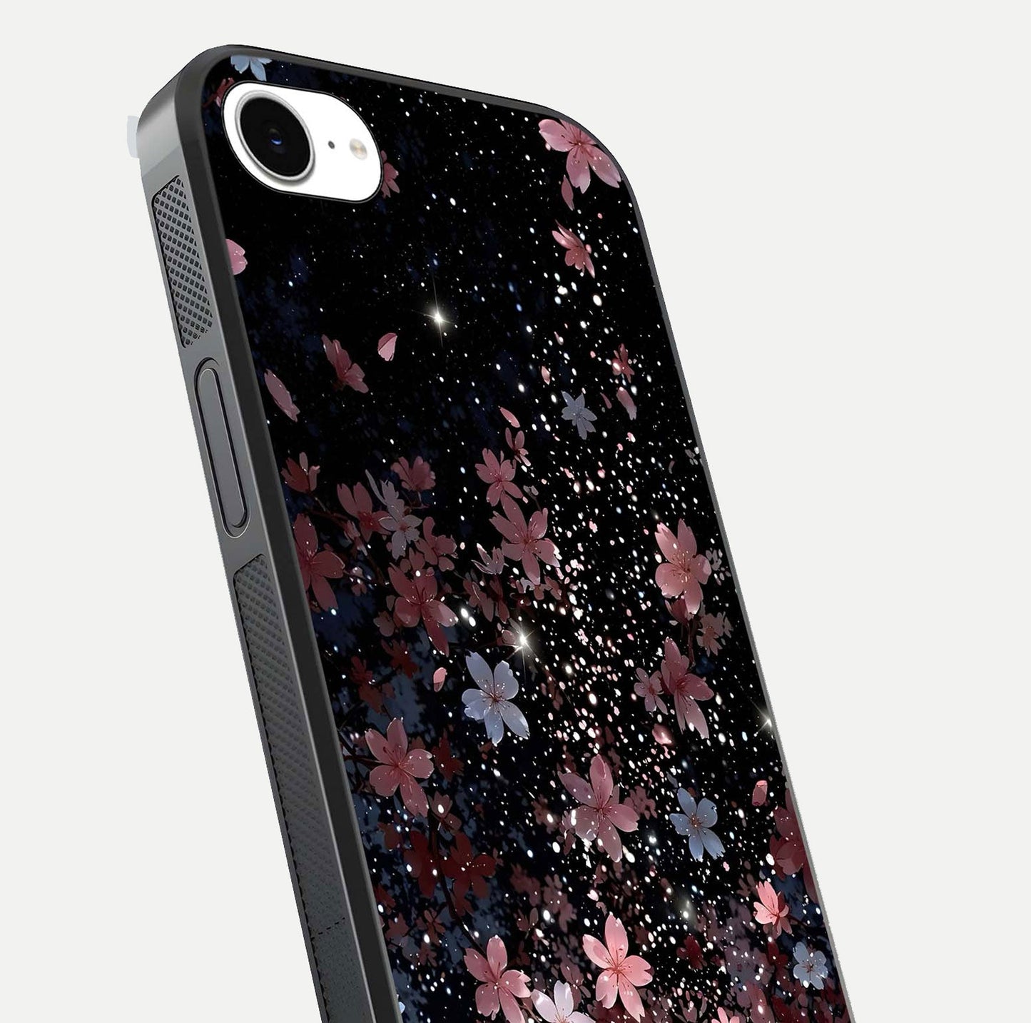 Starlit Flower Dreams Glass Case for iPhone 16e close-up angled shot highlighting petal reflection and HD depth