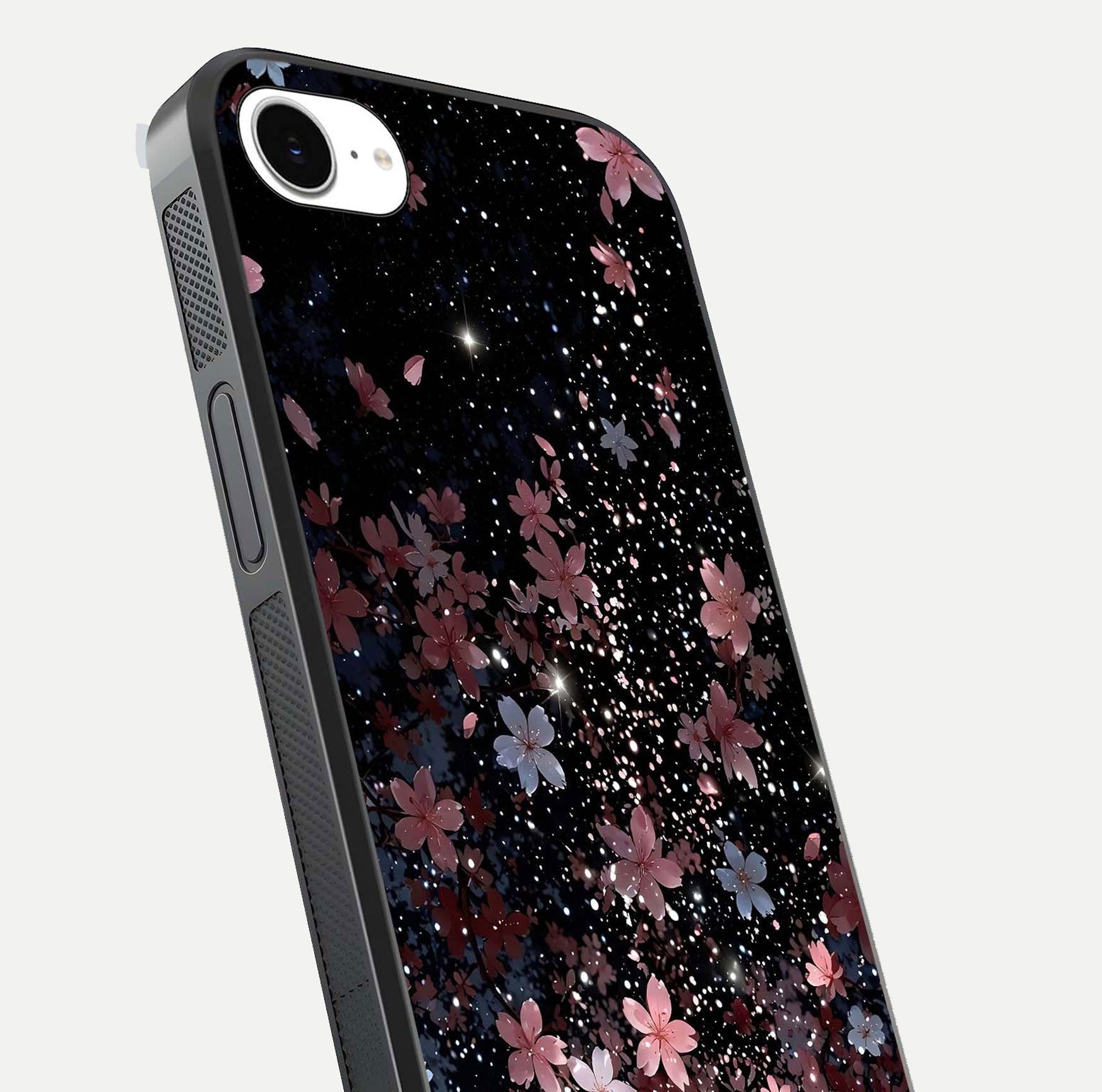 Starlit Flower Dreams Glass Case for iPhone 16e close-up angled shot highlighting petal reflection and HD depth