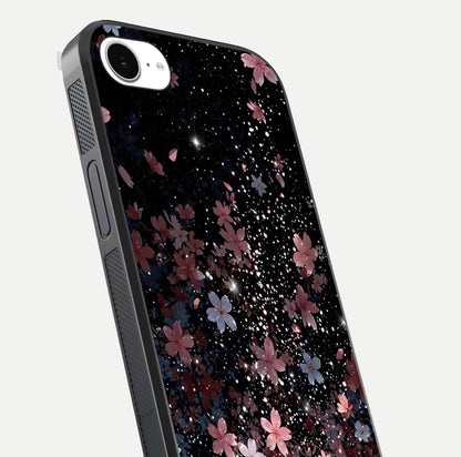 Starlit Flower Dreams Glass Case for iPhone 16e close-up angled shot highlighting petal reflection and HD depth