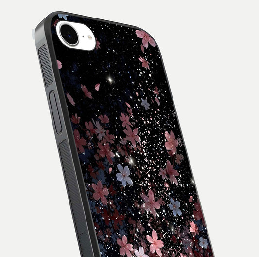 Starlit Flower Dreams Glass Case for iPhone 16e close-up angled shot highlighting petal reflection and HD depth