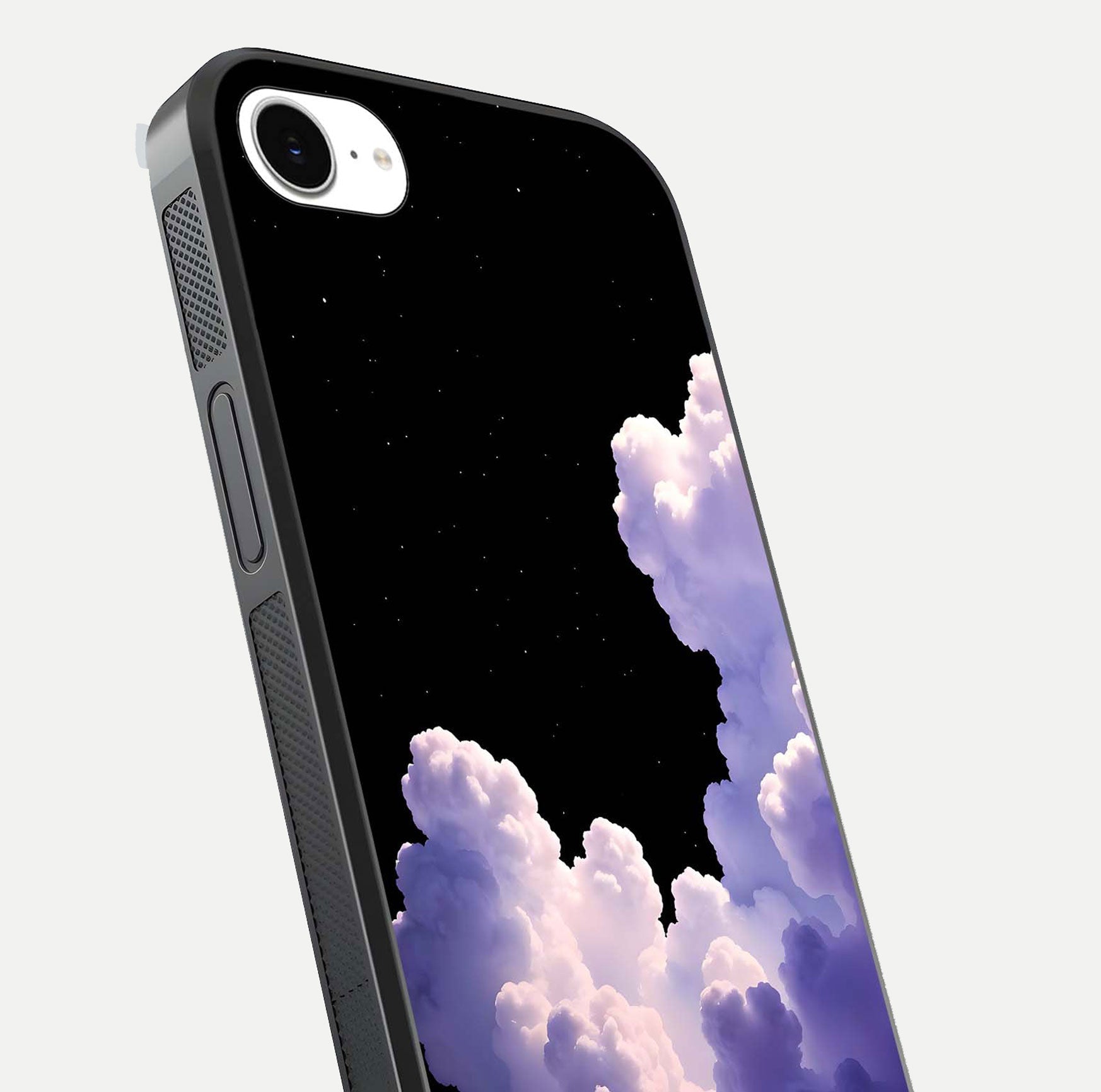 Starlit Night Whispers Glass Case for iPhone 16e close-up angled shot highlighting stars and reflection