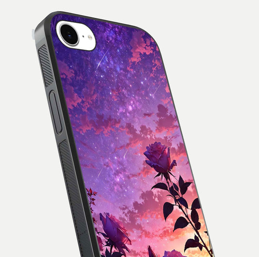 Starlit Rose Twilight Glass Case for iPhone 16e close-up angled shot highlighting rose detail and reflection