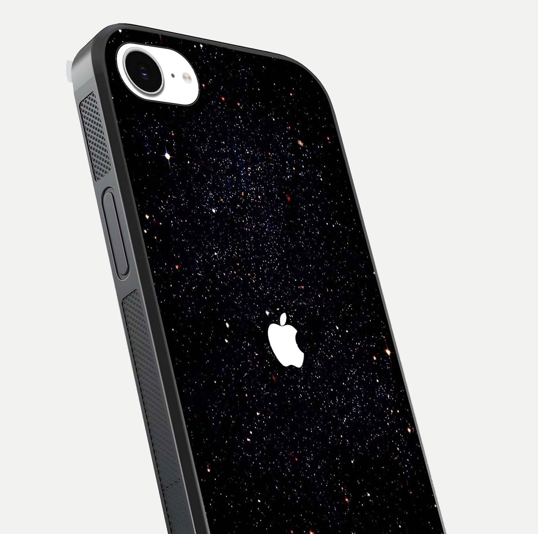 Starry Apple Galaxy Glass Case for iPhone 16e close-up angled shot highlighting star details and gloss