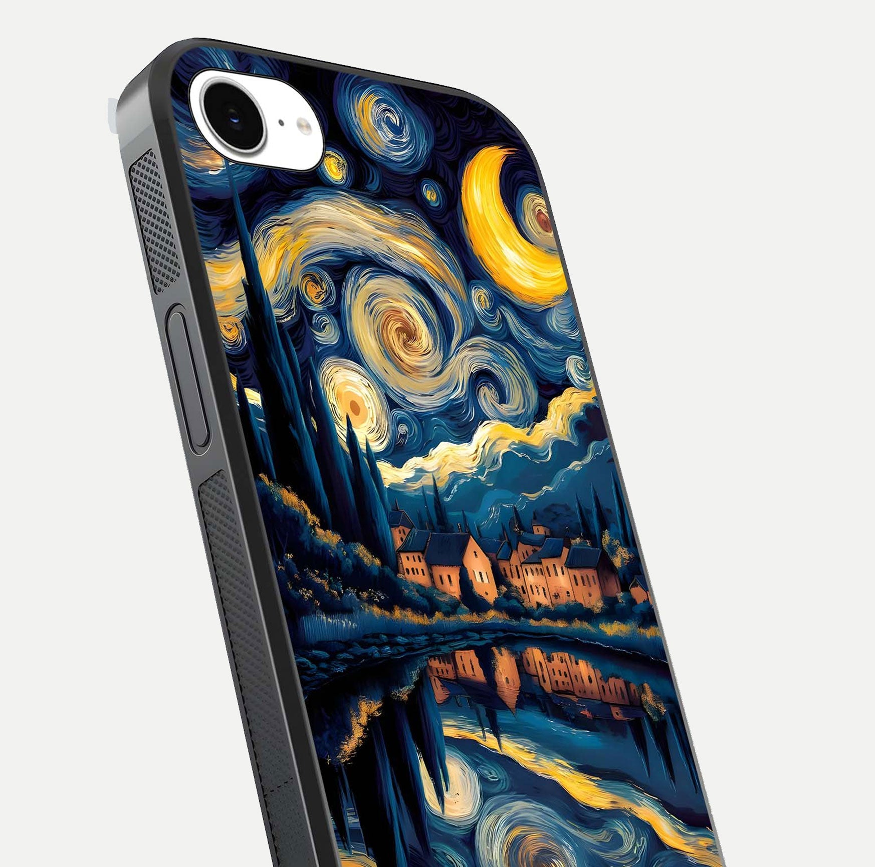 Starry Sky Serenity Glass Case for iPhone 16e close-up angled shot highlighting light reflection and blue hues