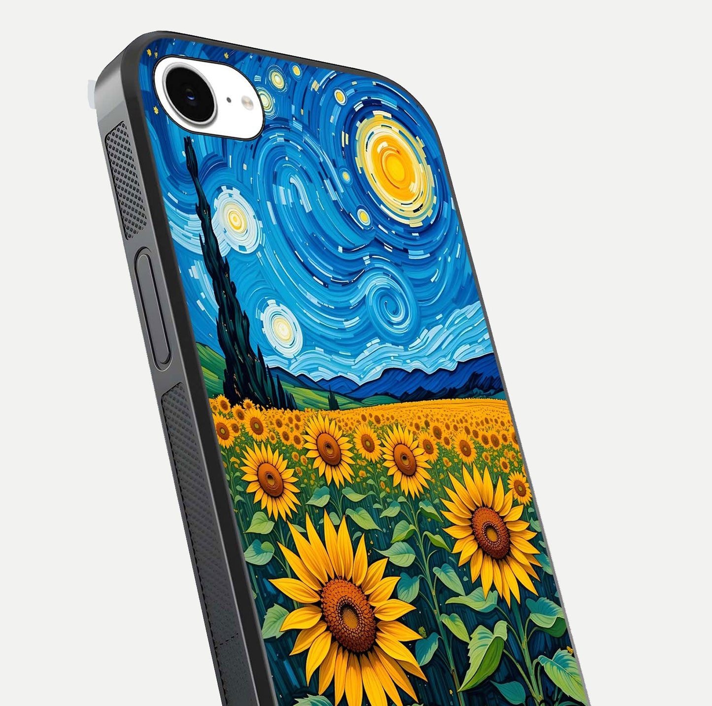 Starry Sunflower Dreams Glass Case for iPhone 16e close-up angled shot highlighting petal texture and gloss
