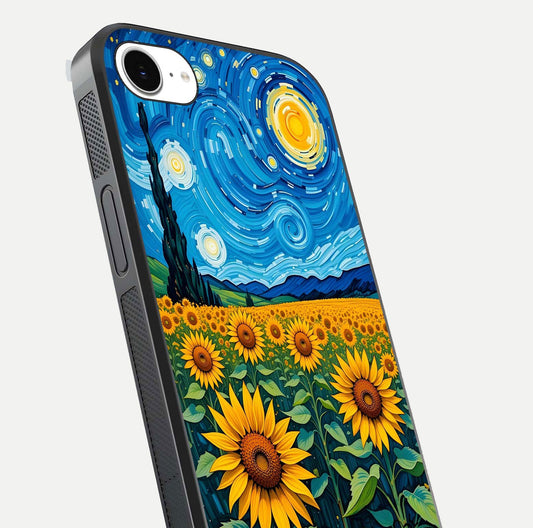 Starry Sunflower Dreams Glass Case for iPhone 16e close-up angled shot highlighting petal texture and gloss