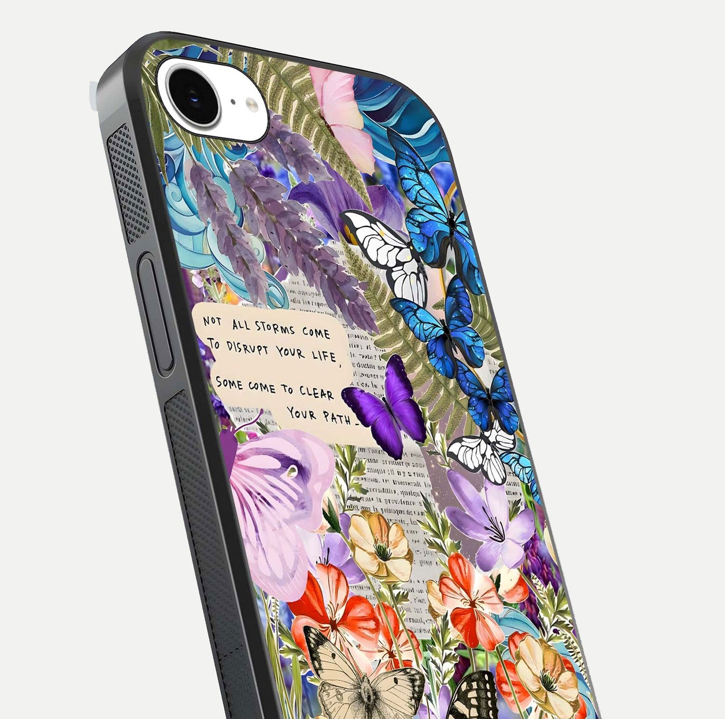 Storm Path Bloom Glass Case for iPhone 16e close-up angled shot highlighting bloom texture and reflection