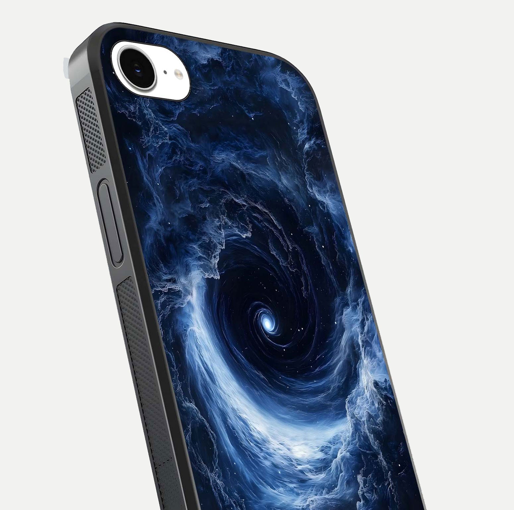 Stunning Galaxy Glass Case for iPhone 16e close-up angled shot highlighting nebula tones and HD reflection